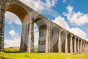 Famous Ribble Valley viaduct railway crossing showing detail of the stonework under-structure and guttering.