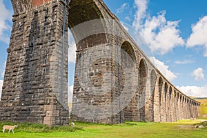 Famous Ribble Valley viaduct railway crossing showing detail of the stonework under-structure and guttering.