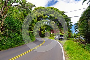 Famous Road to Hana fraught with narrow one-lane bridges, hairpin turns and incredible island views, curvy coastal road with views