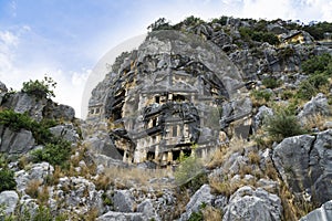 Famous rock-cut Lycian tombs in Myra Demre, Turkey