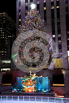 The famous Rockefeller Center Christmas Tree and Prometheus Statue at Rockefeller Center