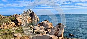 Famous rocks at the Cote de Granit Rose in Brittany, France