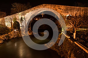 Famous Roman bridge in the city of Cangas de Onis, Asturias, Spa