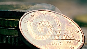 Famous Roman Colloseum on Italian 5 Euro cents coin, macro shot