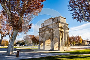 Famous Roman triumphal arch in Orange city, photography taken in France photo