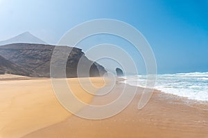 Famous Roque Del Moro in Cofete beach, Jandia natural park, Barlovento, Canary Islands, Spain