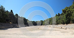 Famous ruins of the Rhodes Acropolis and ancient Olympic stadium in Rhodes town.