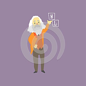 Famous Russian chemist - Dmitri Mendeleev. Inventor of the periodic table of elements. Smiling gray-haired man character