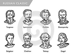 Famous russian writers, vector portraits, Turgenev, Lermontov, Pushkin, Dostoyevsky, Bulgakov, Chekhov, Tolstoy, Gogol