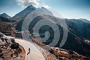 Famous Sa Calobra Road in Maloorca, Spain, Favourite place for all bike riders. Alone biker on the top