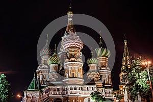 Famous Saint Basil`s Cathedral illuminated in the Evening, Red Square, Moscow