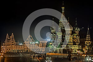 Famous Saint Basil`s Cathedral illuminated in the Evening, Red Square, Moscow