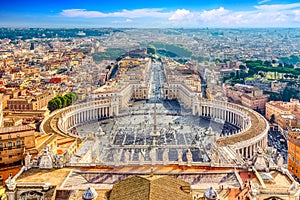 Famous Saint Peter`s Square in Vatican and aerial view of the Rome city during sunny day