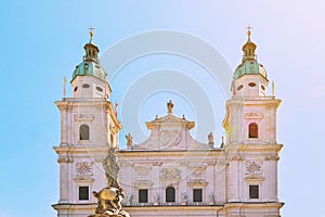 Famous Salzburg Cathedral, Salzburger Dom, at Domplatz in City Center of Salzburg Land, Austria on sunny day. Baroque