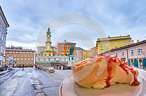 Salzburger Nockerl on Mozartplatz in old Salzburg, Austria