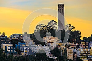 Famous San Francisco Coit Tower on Telegraph Hill at sunset photo