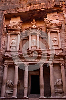 Famous sandstone curved architecture of Tresury in Petra in Jordan