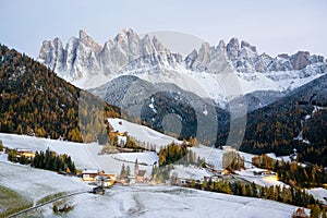 Famous Santa Magdalena mountain village with Church Chiesa di Santa Maddalena