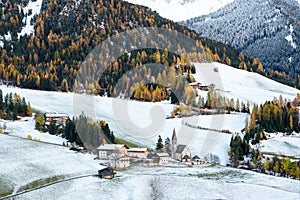 Famous Santa Magdalena mountain village with Church Chiesa di Santa Maddalena