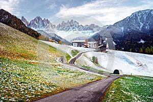 Famous Santa Magdalena mountain village with Church Chiesa di Santa Maddalena