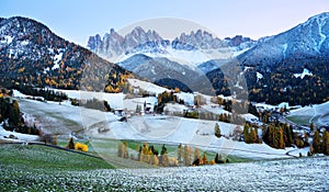 Famous Santa Magdalena mountain village with Church Chiesa di Santa Maddalena