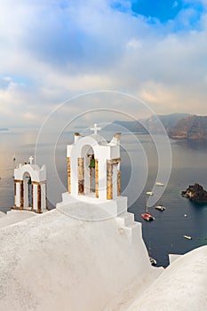 Famous Santorini, Greece. Conceptual composition of the famous architecture of the island of Santorini. White arches of bells and