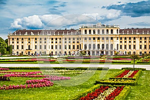 Famous Schonbrunn Palace with Great Parterre garden in Vienna, Austria