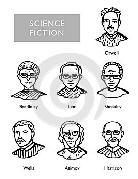 Famous science fiction writers, vector portraits, Bradbury, Lem, Sheckley, Orwell, Wells Asimov Harrison