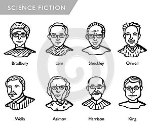 Famous science fiction writers, vector portraits, Bradbury, Lem, Sheckley, Orwell, Wells, Asimov, Harrison, King