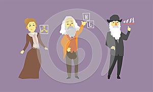 Famous Scientist Set, Marie Curie, Dmitry Mendeleev, Charles Darwin Vector Illustration