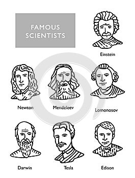 Famous scientists vector portraits, Newton, Einstein, Mendeleev Darwin Tesla Lomonosov