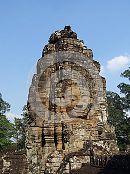 The famous sculpture at the Bayon temple, Cambodia