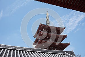 Famous Senso-Ji, Japanese temple in Asakusa, Tokyo with its typical pagoda and all oriental architectural elements