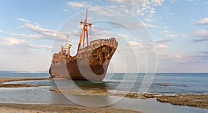 The famous shipwreck at Valtaki beach near Gytheio, Peloponnese, Greece.