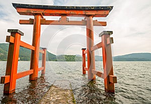 Famous Shrine of Hakone over the waters of Lake Ashi - Japan