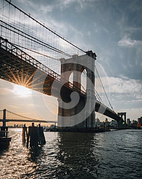 Famous Skyline of downtown New York, Brooklyn Bridge and Manhattan at the early morning sun light , New York City, USA