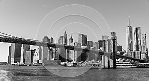 Famous Skyline of downtown New York City, Brooklin Bridge and Manhattan with skyscrapers illuminated over East River panorama. New