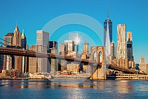Famous Skyline of downtown New York City at early morning light