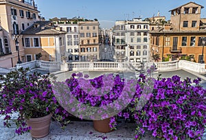 The famous Spanish Steps in Rome with beautiful flowers and no people