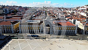 Famous square by Tagus river bank called Praca do Comercio, Lisbon, capital city of Portugal, Europe
