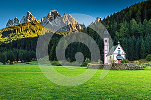 Famous St Johann church in Santa Maddalena alpine village, Italy