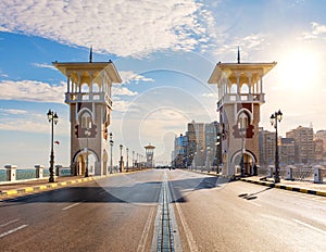 Famous Stanley Bridge on the promenade of Alexandria, sunny day exclusive view, Egypt