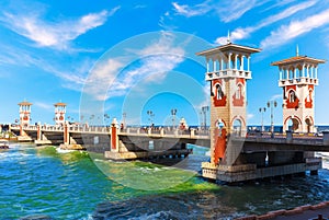 Famous Stanley Bridge on the promenade of Alexandria, view on the famous towers, Egypt