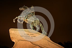 Famous statue of Peter the Great -Bronze Horseman- in Saint Petersburg. Night Photography.