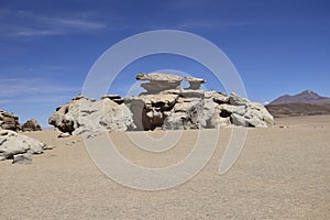 The famous stone tree rock formation (Arbol de Piedra) in the Siloli desert in the region of the Uyuni Salt Flat