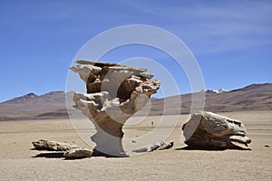 The famous stone tree rock formation (Arbol de Piedra) in the Siloli desert in the region of the Uyuni Salt Flat