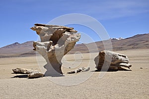 The famous stone tree rock formation (Arbol de Piedra) in the Siloli desert in the region of the Uyuni Salt Flat