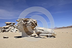 The famous stone tree rock formation (Arbol de Piedra) in the Siloli desert in the region of the Uyuni Salt Flat