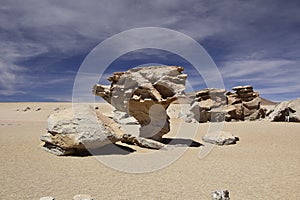 The famous stone tree rock formation (Arbol de Piedra) in the Siloli desert in the region of the Uyuni Salt Flat