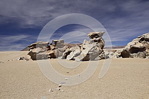 The famous stone tree rock formation (Arbol de Piedra) in the Siloli desert in the region of the Uyuni Salt Flat